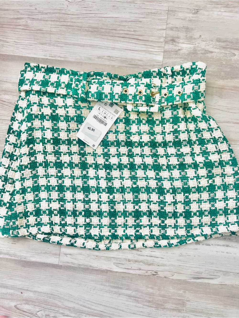 Zara NWT Green and White Tweed Skirt with Belt Sz Large (matching jacket avail)